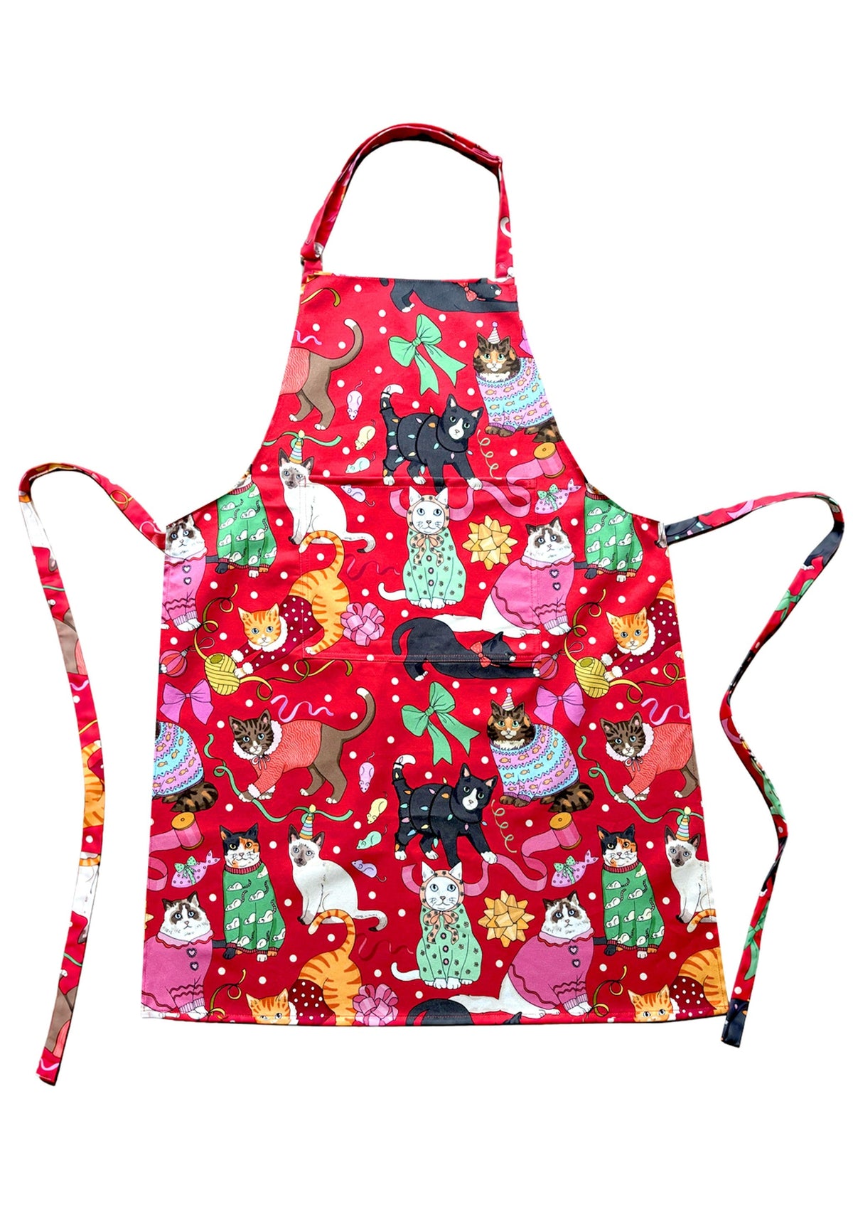 Cats' Christmas Morning apron with pocket and adjustable ties