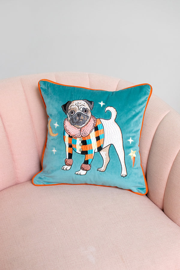 Pug Dog Embroidered Velvet Cushion Cover
