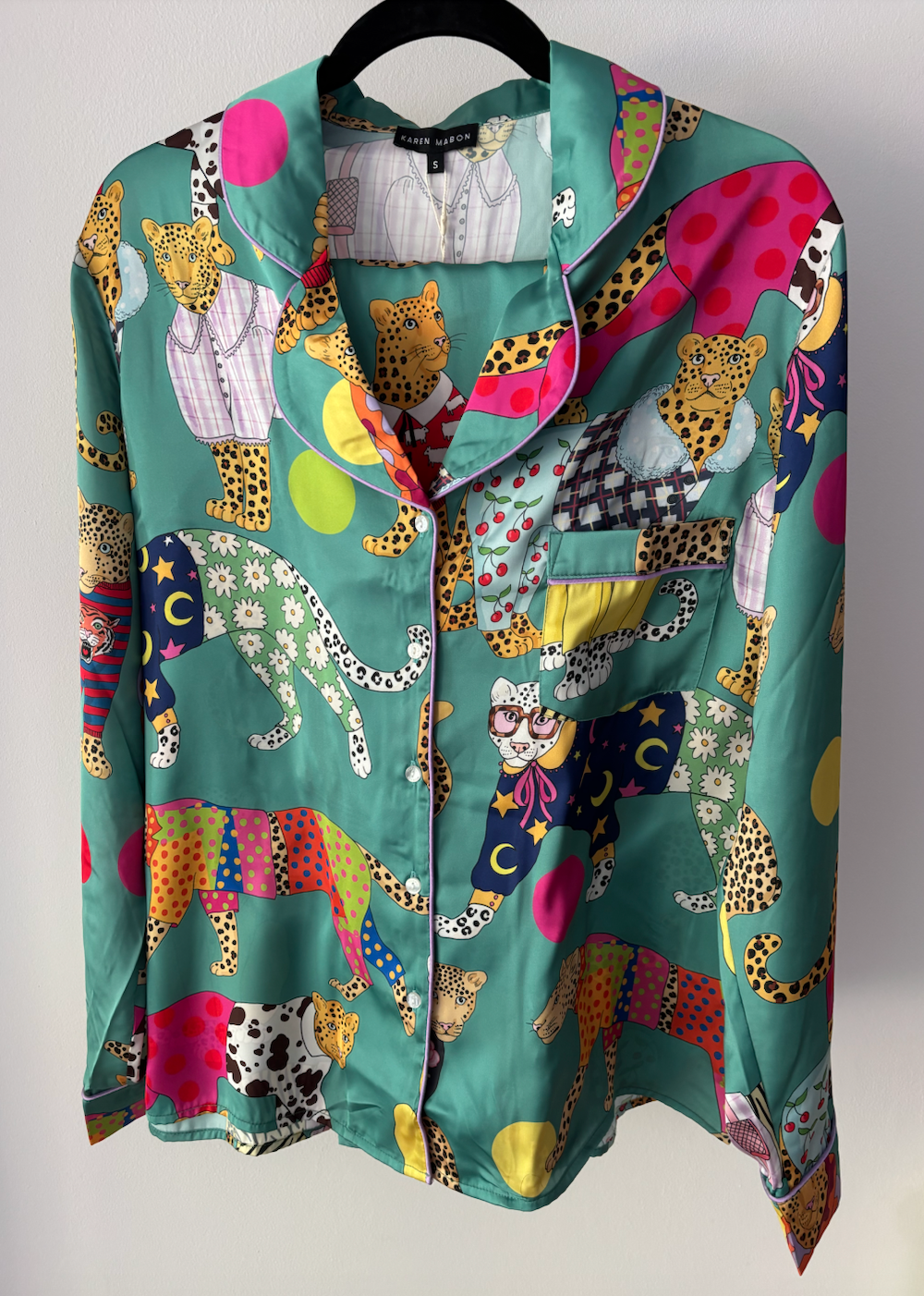 Women's Satin Pyjama Set | Leopards Can't Change Their Spots | Leopard Print | Teal | Karen Mabon