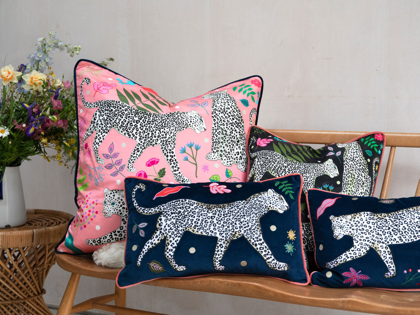 Velvet Bolster Cushion Cover | Snow Leopard | Embroidered | Left Facing | Karen Mabon