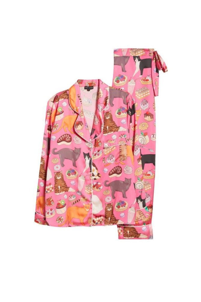 Cat Cafe Pink Poly Satin Pyjama long shirt and wide trousers (BF AW25)