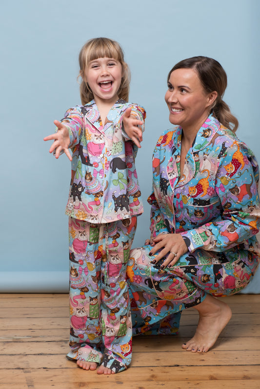 Women's Organic Cotton Pyjama Set | Cats' Christmas Morning | Rainbow