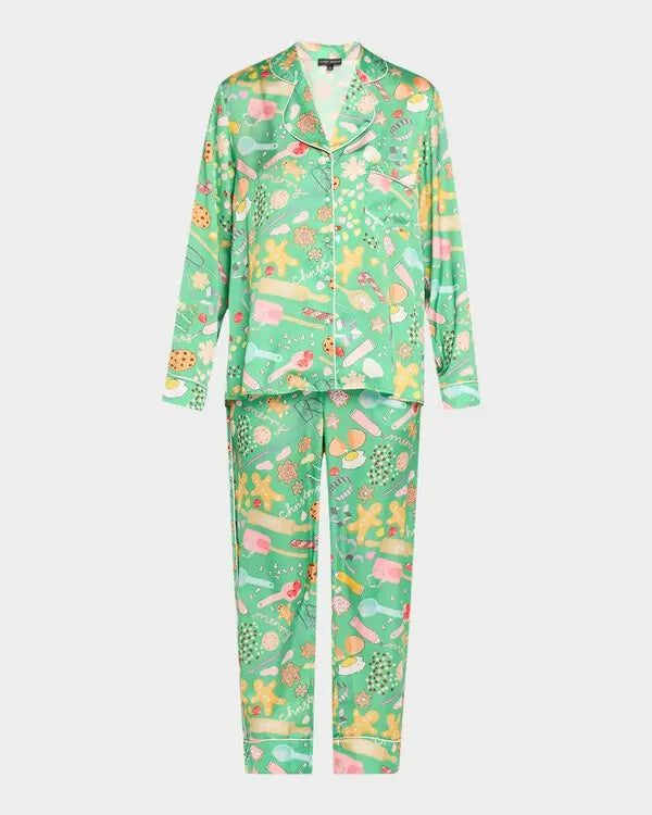 Women's Satin Pyjama Set | Cookies for Santa | Christmas Pyjamas | Green | Karen Mabon
