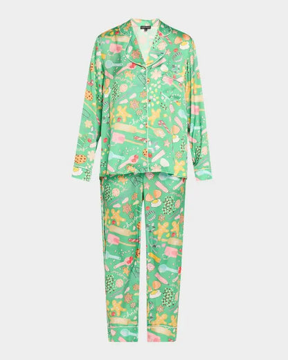 Women's Satin Pyjama Set | Cookies for Santa | Christmas Pyjamas | Green | Karen Mabon