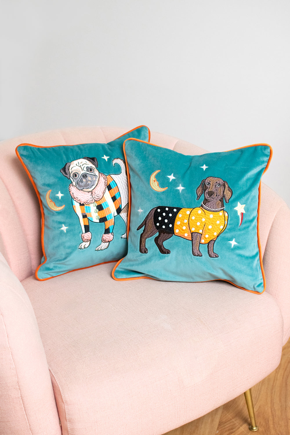 Sausage Dog Embroidered Velvet Cushion Cover