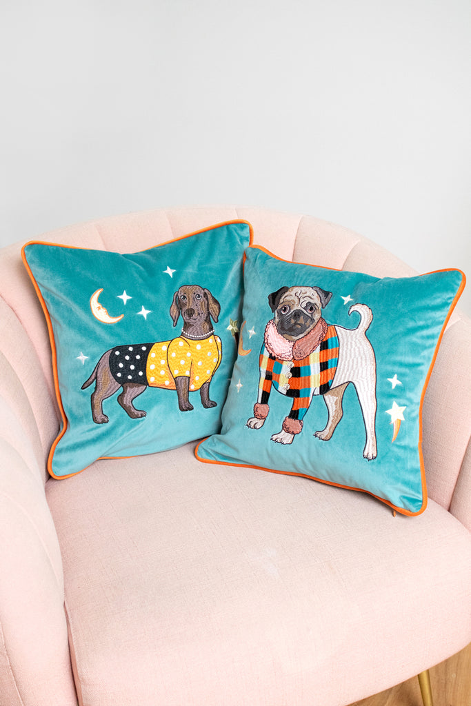 Pug Dog Embroidered Velvet Cushion Cover