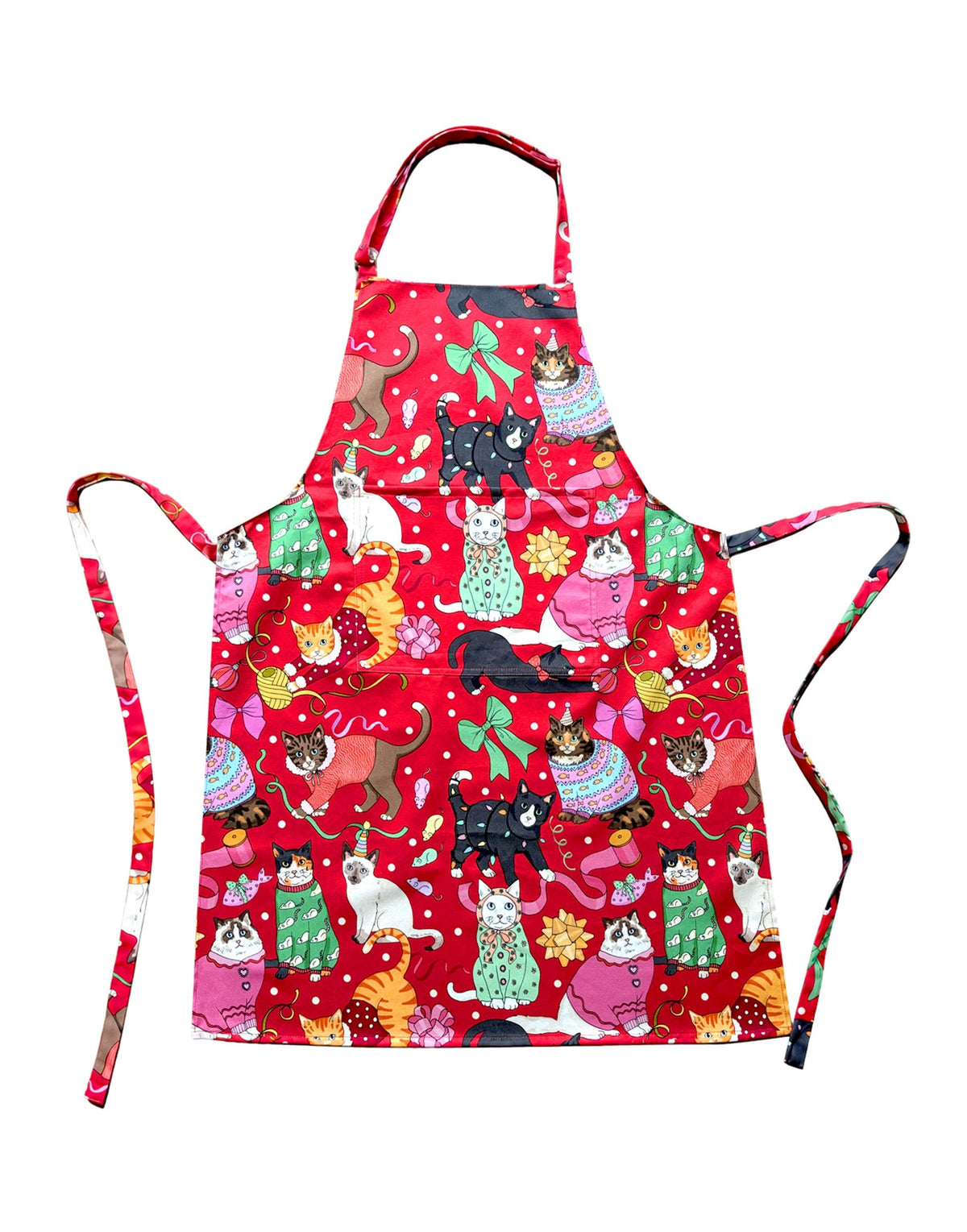 Cats' Christmas Morning cotton apron by Karen Mabon, with front pocket and adjustable ties
