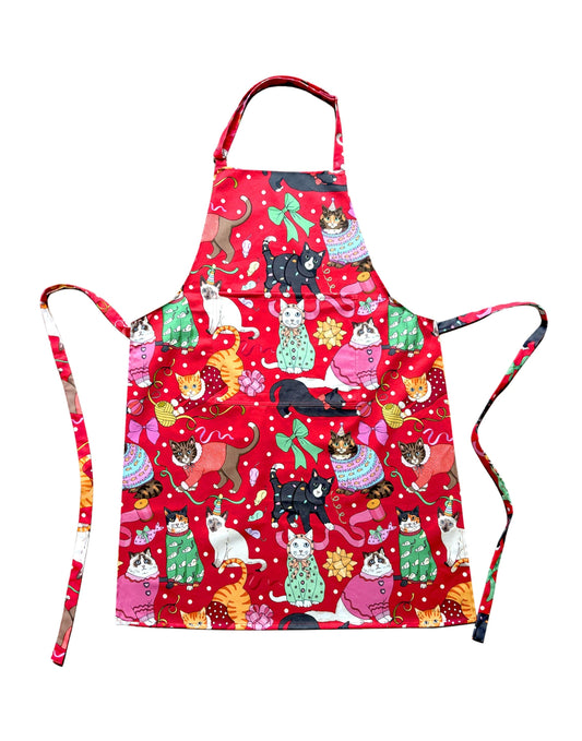 Cats' Christmas Morning cotton apron by Karen Mabon, with front pocket and adjustable ties