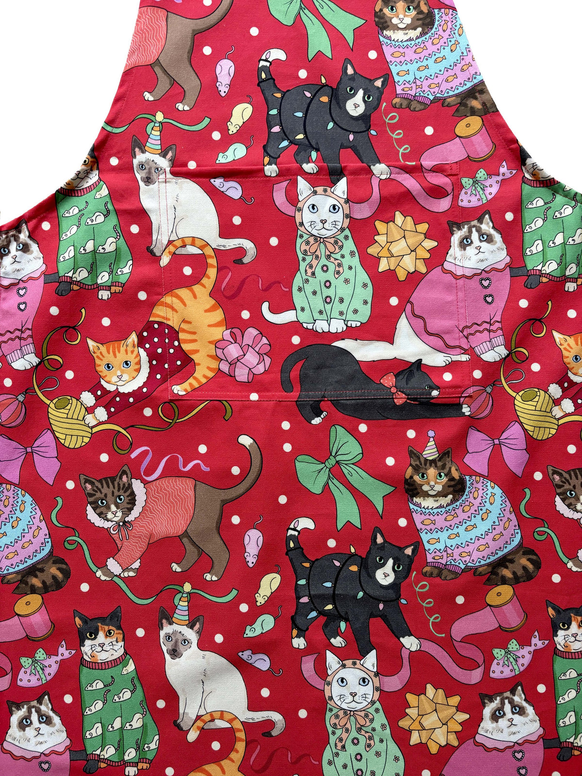 Cats' Christmas Morning apron front pocket