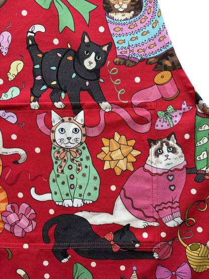 Close-up of the Cats' Christmas Morning print on the apron
