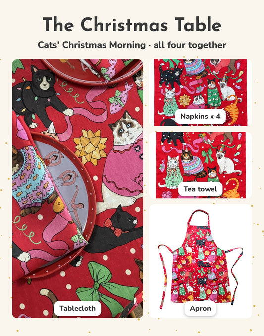 The Christmas Table: tablecloth, four napkins, tea towel and apron in Cats' Christmas Morning