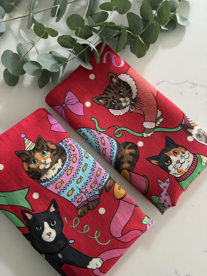 Cats' Christmas Morning cotton linen napkins by Karen Mabon