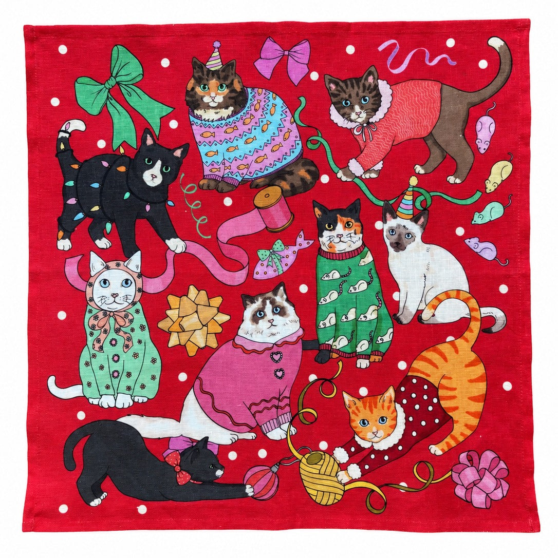 Cats' Christmas Morning napkin laid flat