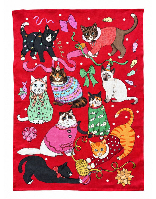 Cats' Christmas Morning cotton linen tea towel by Karen Mabon