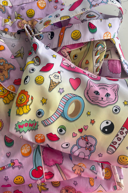 Close detail of the Karen Mabon Stationery print shoulder bag