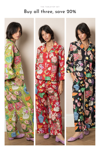 Tabletop organic cotton pyjama set in Chartreuse, Burgundy and Midnight, shown side by side