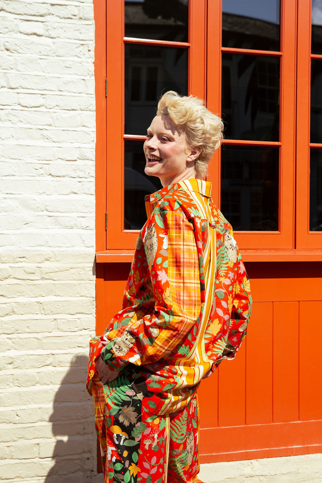 Magic forest pyjama set, print mix red orange, oxford shirt with high waisted trousers, cotton SALE26