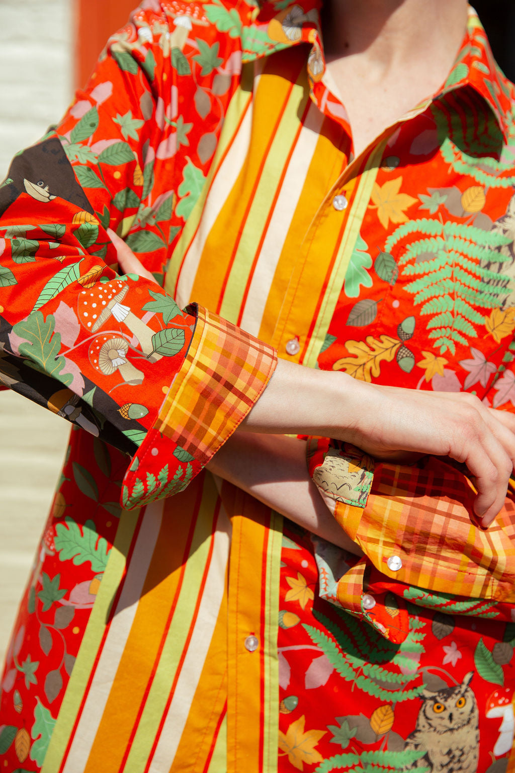 Magic forest pyjama set, print mix red orange, oxford shirt with high waisted trousers, cotton SALE26