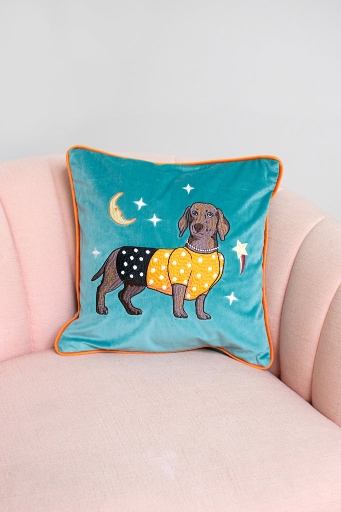 Sausage Dog Embroidered Velvet Cushion Cover