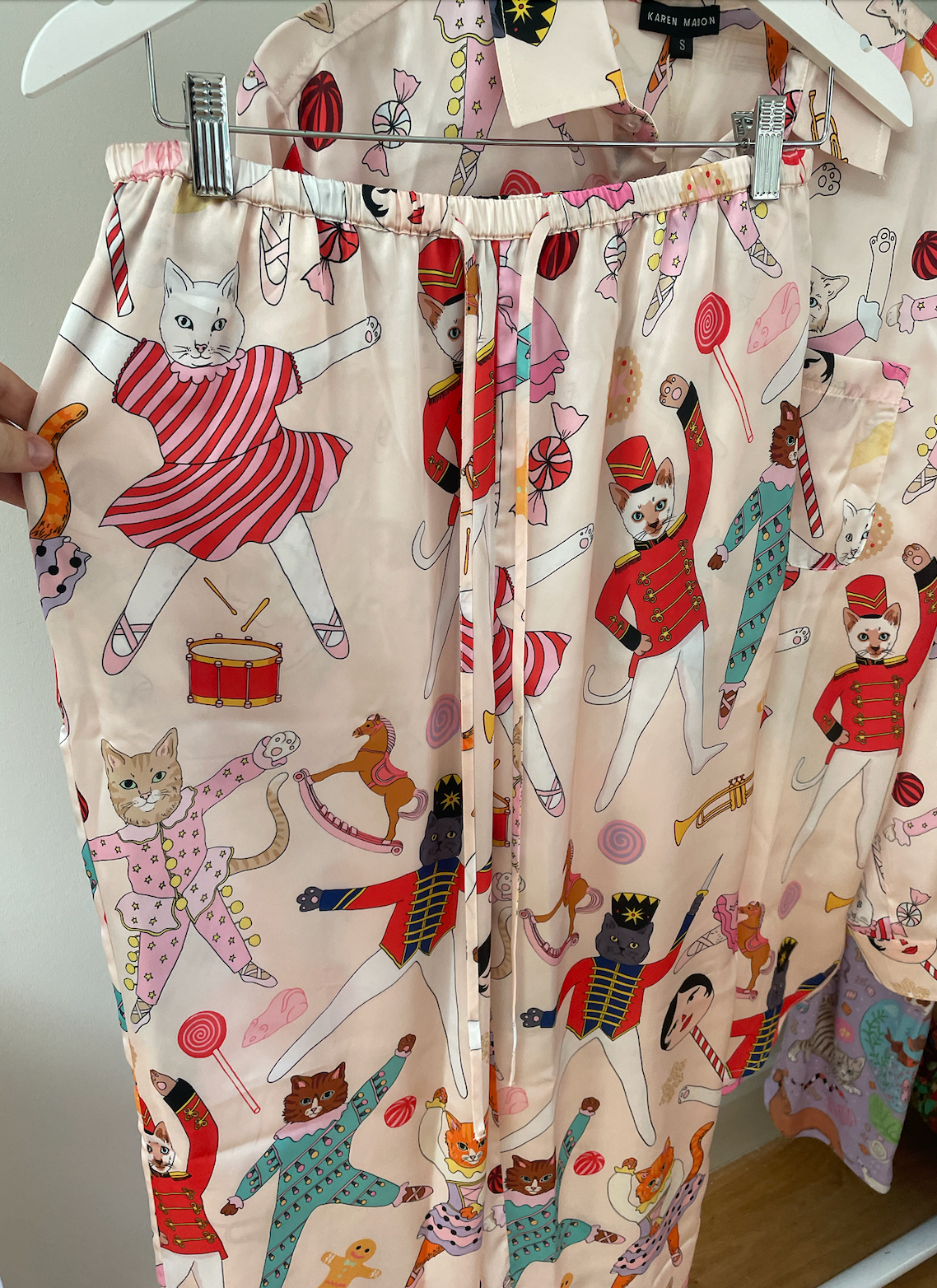 Women's Satin Pyjama Set | Nutcracker Cats | Christmas Cat Pyjamas | Cream | Karen Mabon