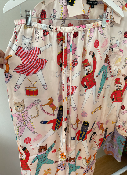 Women's Satin Pyjama Set | Nutcracker Cats | Christmas Cat Pyjamas | Cream | Karen Mabon