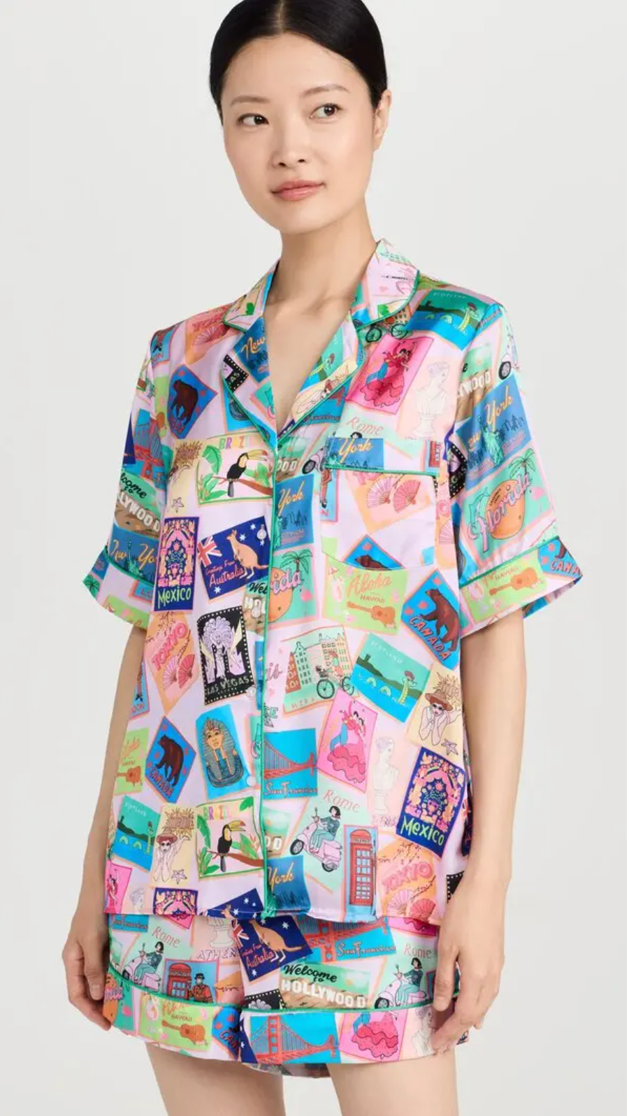 Wish You Were Here Postcards Lilac Short Poly Satin Pyjama Set SALE26