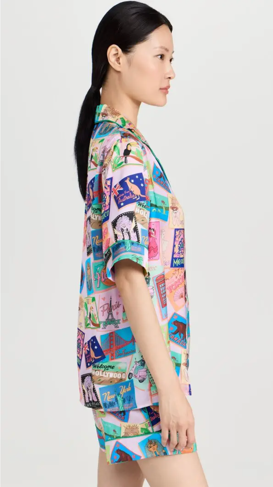 Wish You Were Here Postcards Lilac Short Poly Satin Pyjama Set SALE26
