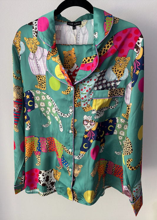 Women's Satin Pyjama Set | Leopards Can't Change Their Spots | Leopard Print | Teal | Karen Mabon