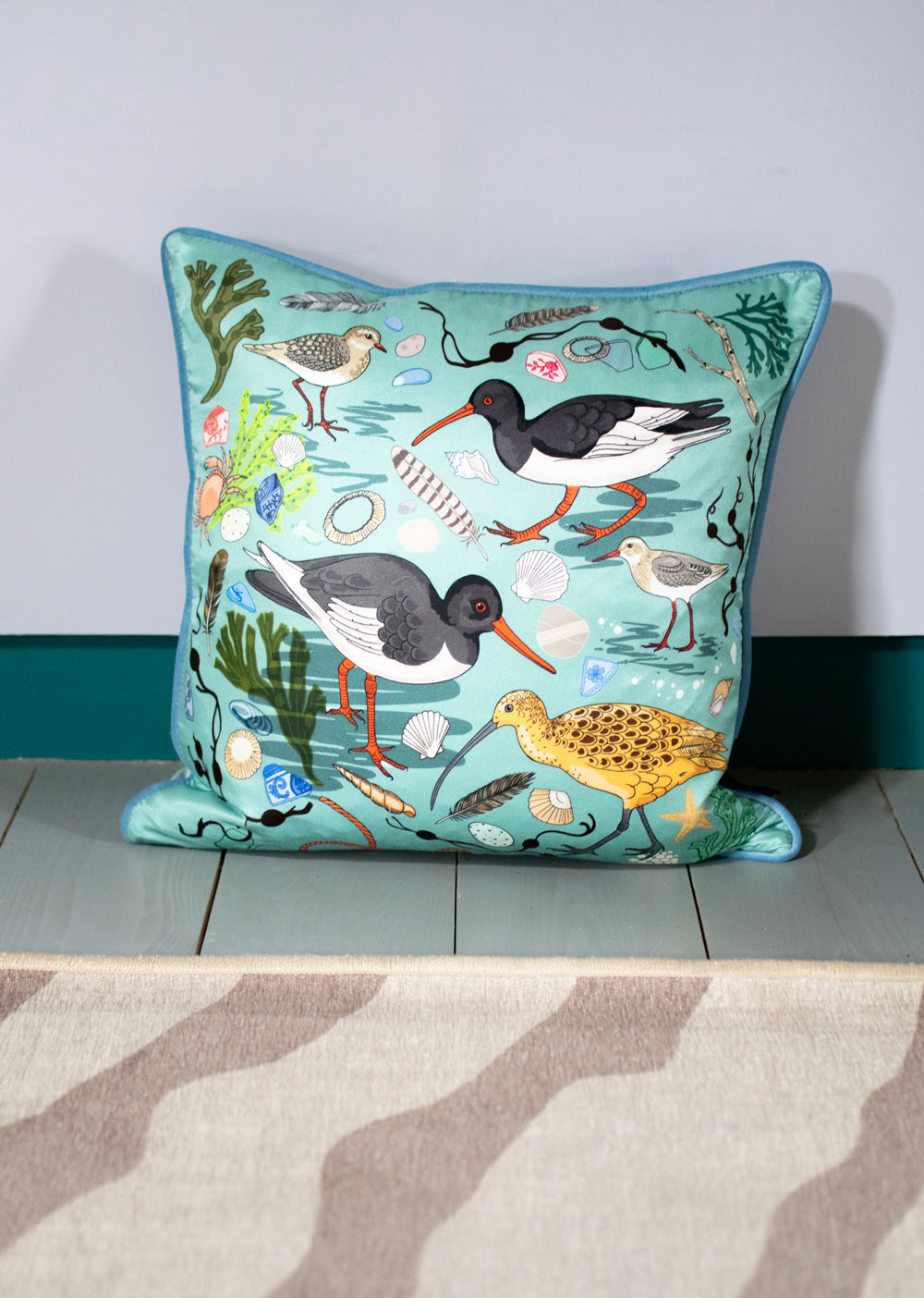 Sea Birds Silk Cushion Cover | Blue