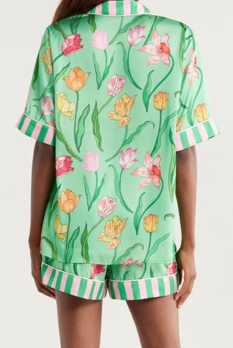 Tulips Green Short Sleeve Satin Pyjama Set (BF AW25)