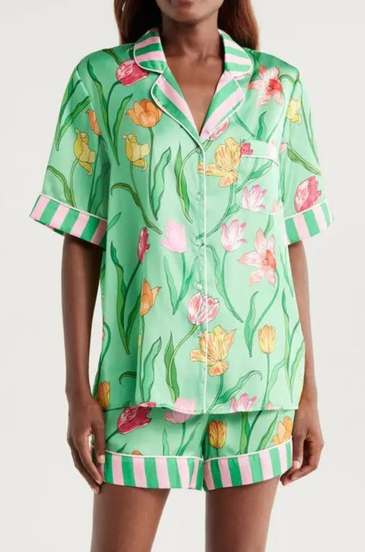 Tulips Green Short Sleeve Satin Pyjama Set (BF AW25)