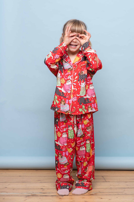 Kids Pyjama Set | Cats' Christmas Morning | Crimson