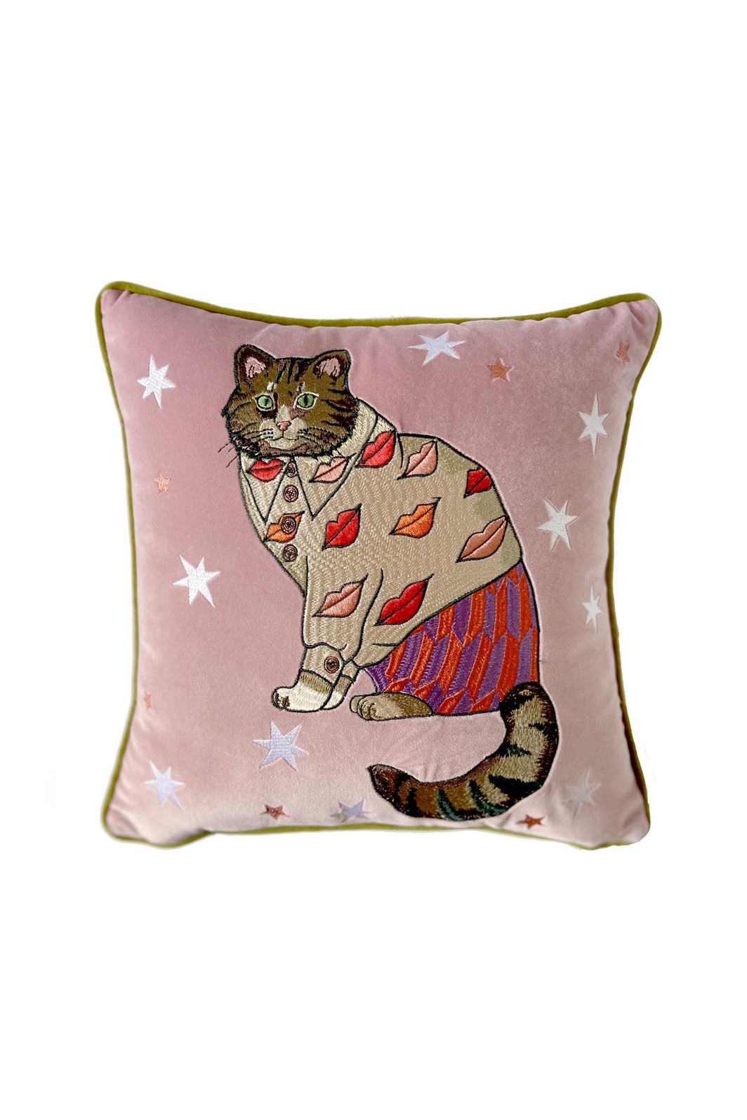 Fashion Cat Embroidered Velvet Cushion Cover | Lips