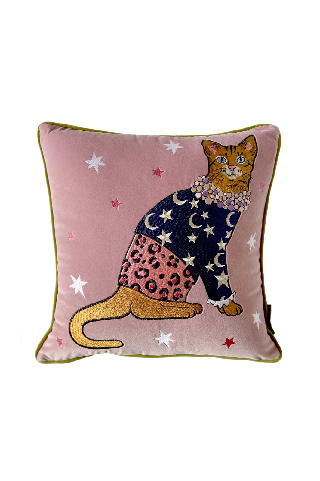 Fashion Cat Embroidered Velvet Cushion Cover  |  Stars &amp; Moons