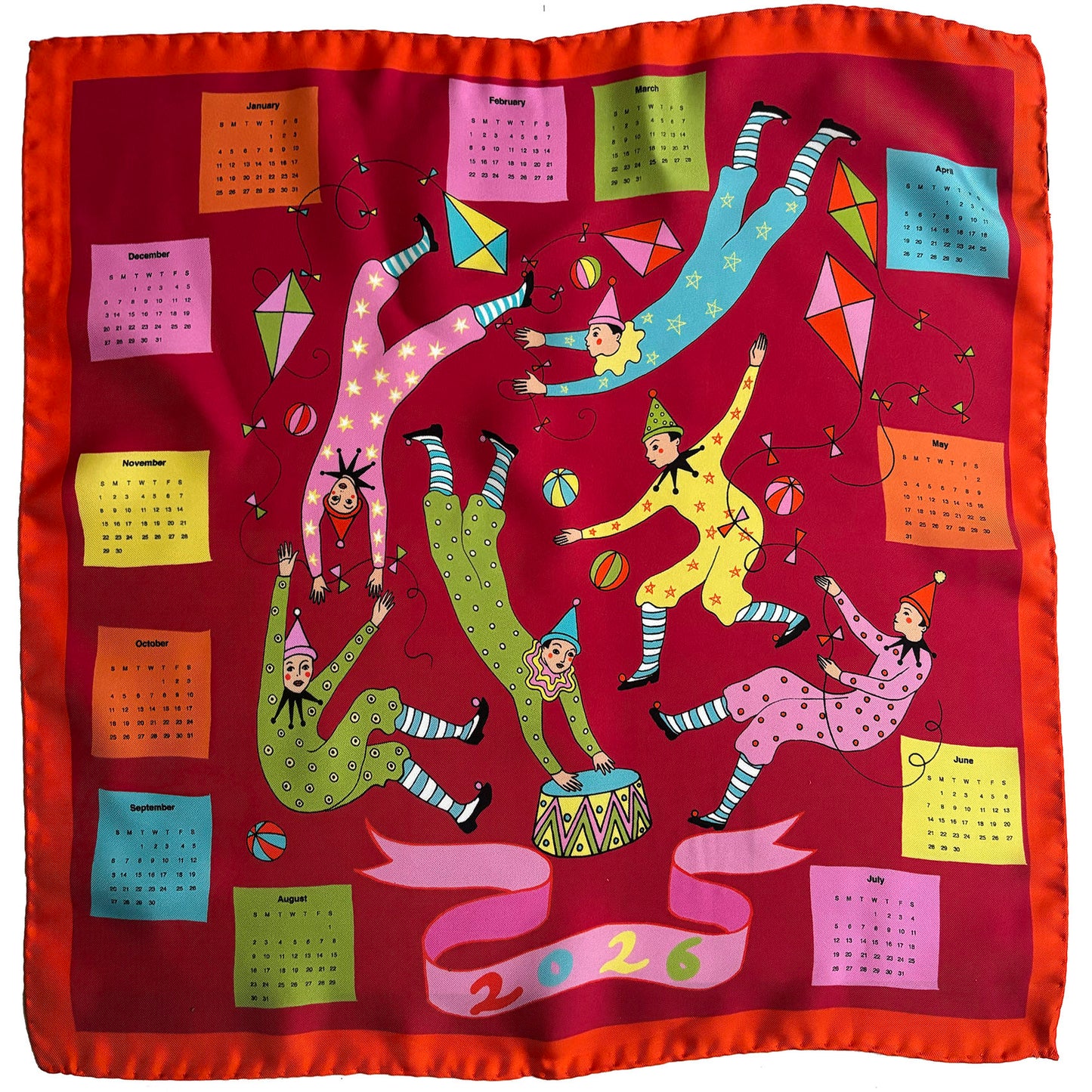Silk Scarf | 2026 Calendar | Square Scarf | Burgundy | Made in Como | Karen Mabon