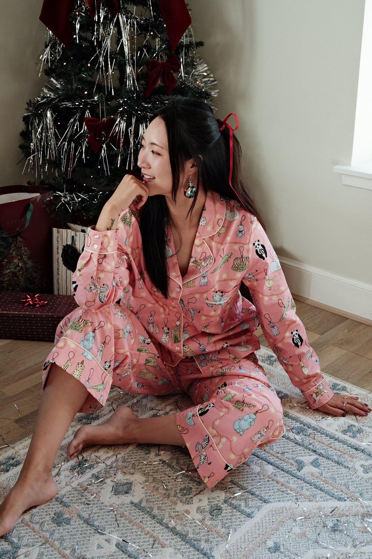 Animal Lights pyjamas, relaxed on Christmas morning