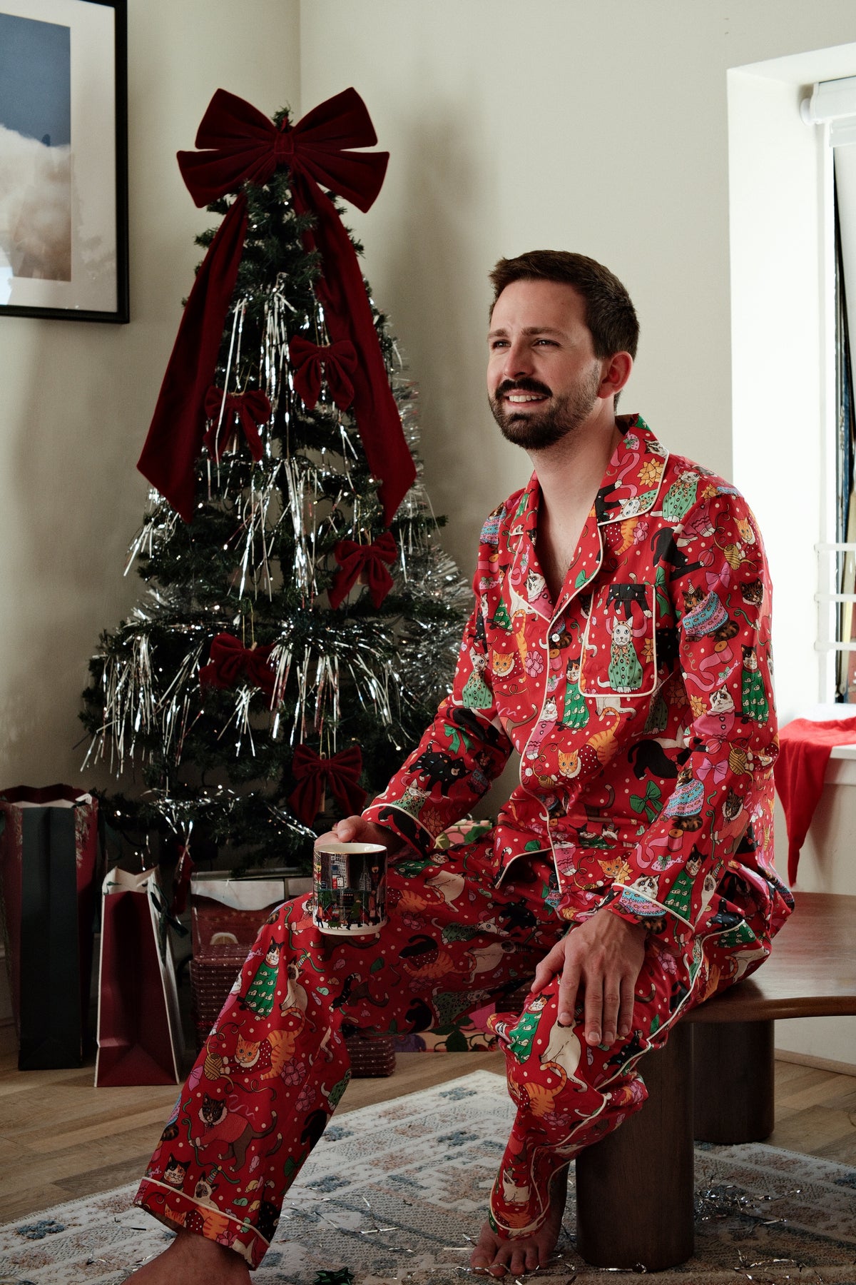 Men's Cats' Christmas Morning pyjamas, seated