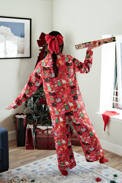 Cats' Christmas Morning crimson pyjamas, back view