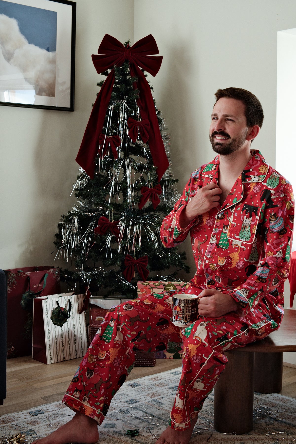 Men's Cats' Christmas Morning pyjamas by the tree