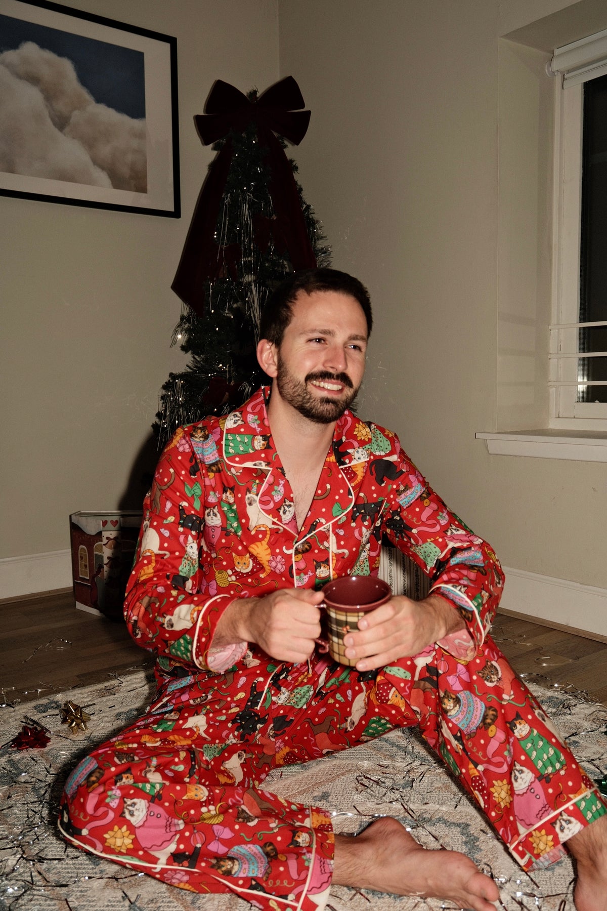 Men's Cats' Christmas Morning pyjamas with a mug