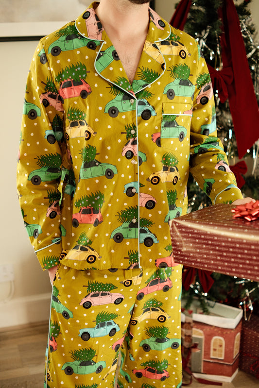 Men's Vintage Cars Christmas pyjama set in mustard