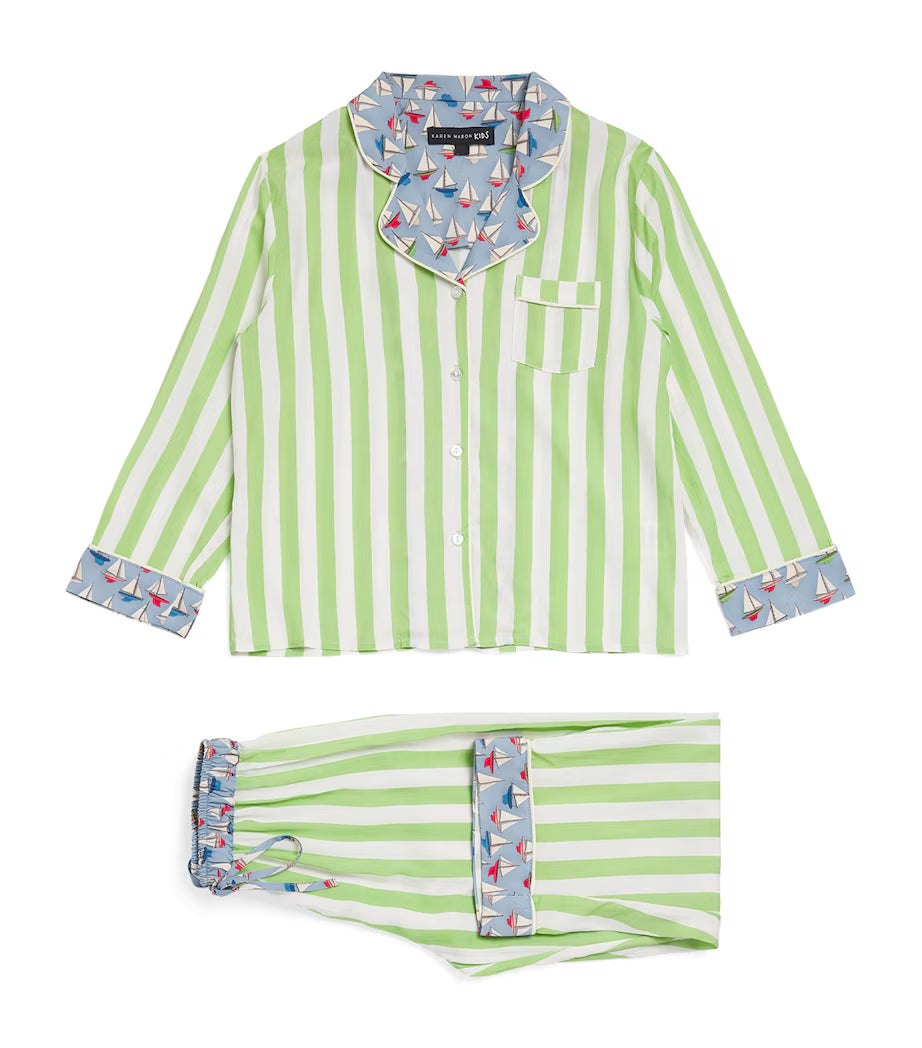 Kids Pyjama Set | Boats | Green Stripe | Long Sleeve | Karen Mabon