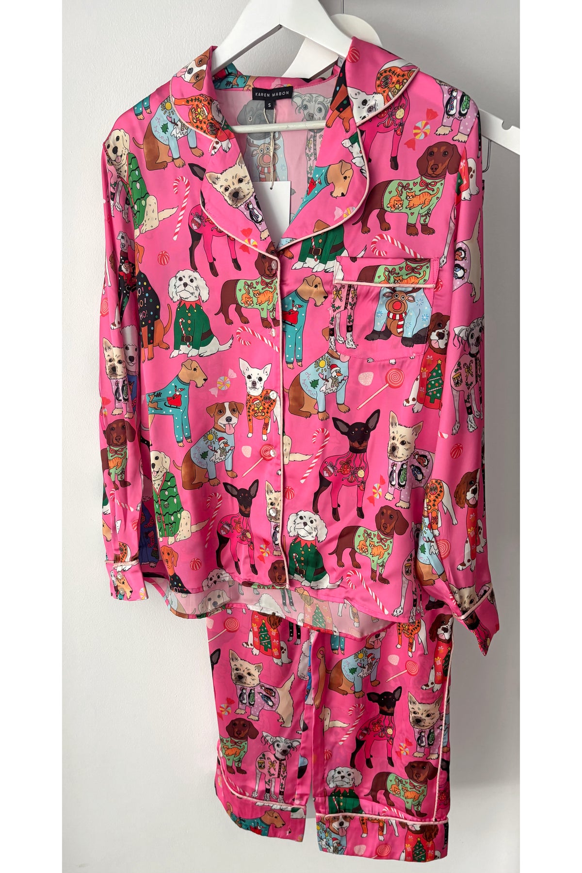 Christmas Jumper Dogs Pink Satin Long Sleeve wide leg Pyjama Set (BF AW25)