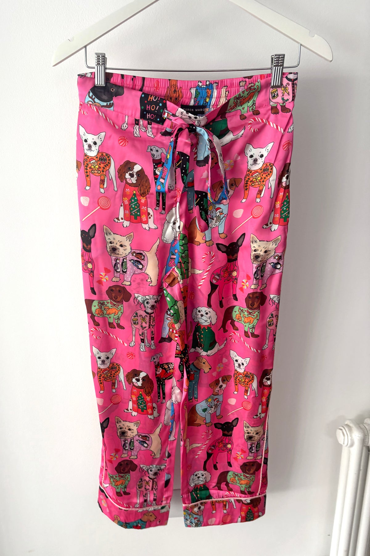 Christmas Jumper Dogs Pink Satin Long Sleeve wide leg Pyjama Set (BF AW25)