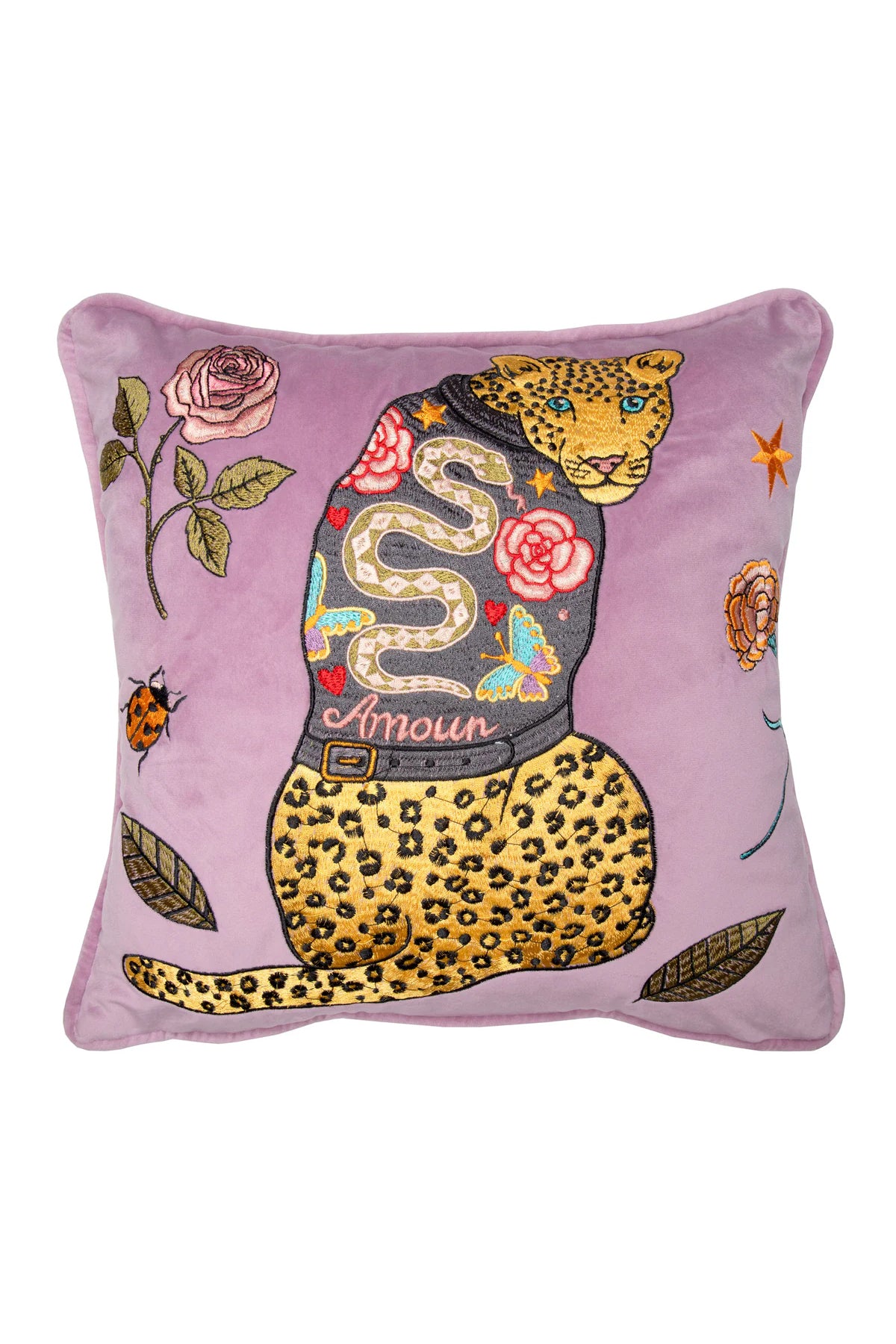 Leopards Can&#39;t Change Their Spots Embroidered Velvet Cushion Cover  |  Leather Jacket &amp; Ladybird