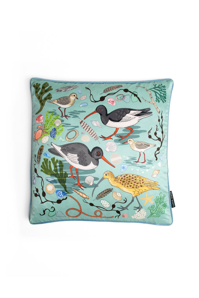 Sea Birds Silk Cushion Cover | Blue