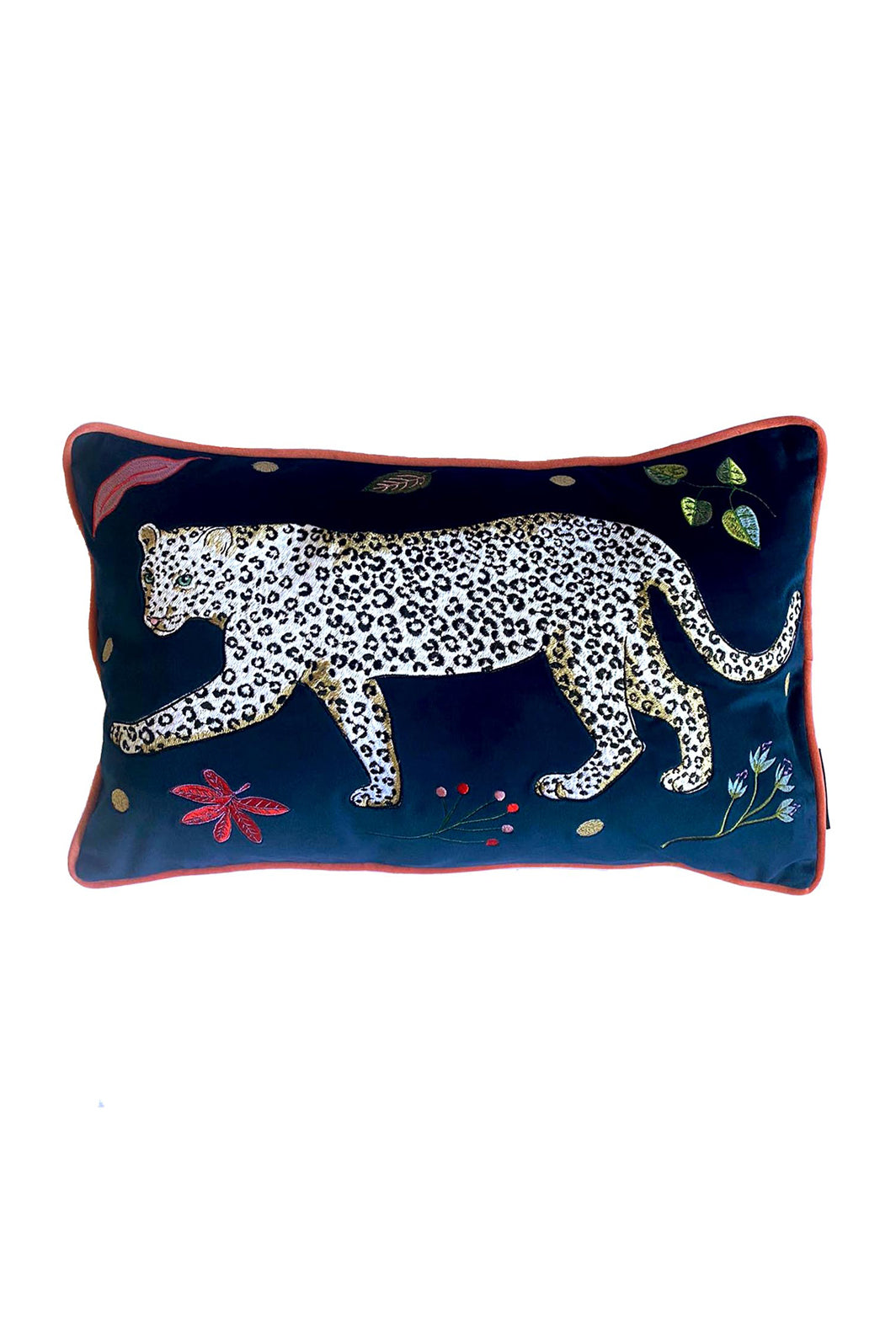 Velvet Bolster Cushion Cover | Snow Leopard | Embroidered | Left Facing | Karen Mabon