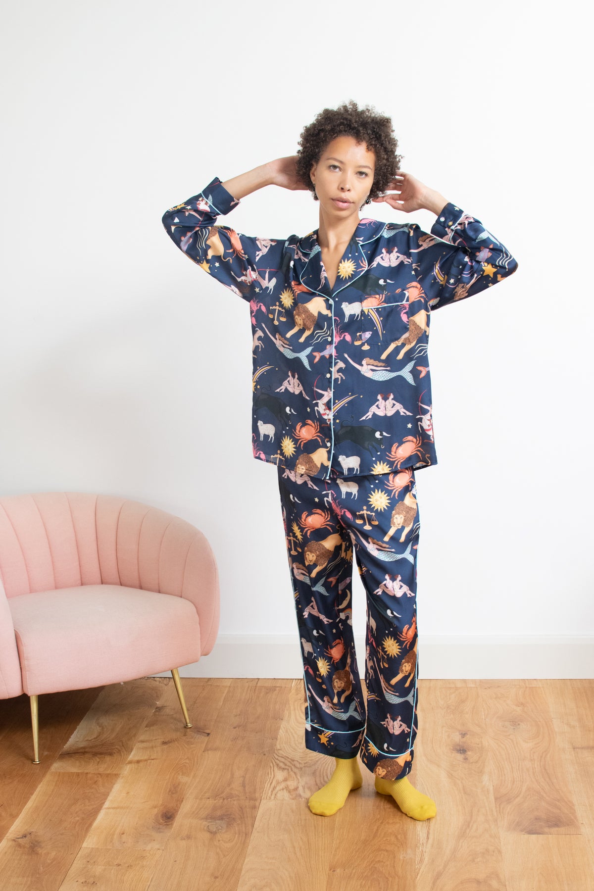 Zodiac Poly Satin Pyjama Set | Navy
