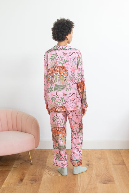 Women's Satin Pyjama Set | Tiger Blossom | Tiger Print | Pink | Karen Mabon