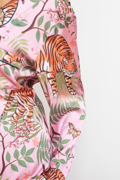 Women's Satin Pyjama Set | Tiger Blossom | Tiger Print | Pink | Karen Mabon